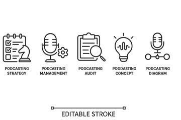 Aufkleber - vector icon set featuring podcasting strategy, management, audit, concept, and diagram design elemen