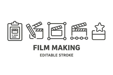 Poster - Vector icon set for film making featuring editable stroke designs for various filmmaking tasks and tools