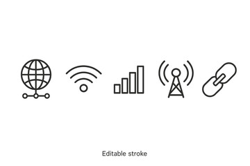 Poster - Vector icon set depicting global connectivity, internet access, data signals, and network links for digital communication
