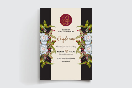 WEDDING INVITATION FRAME WITH FLOWER DECORATIONS AND FRESH LEAVES