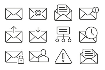 Poster - Email and messaging vector icon set featuring envelope, at sign, inbox, outbox, notification, clock, padlock, and user representations