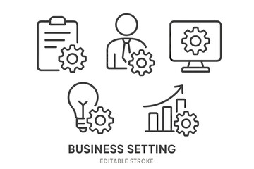 Poster - Vector icon set depicting business concepts including teamwork, productivity, and innovation in a modern corporate environment