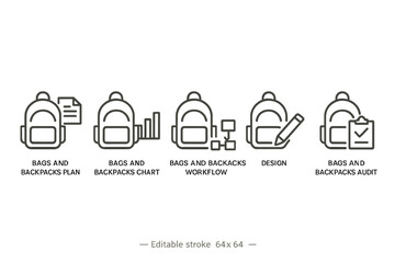Poster - Vector icon set depicting bags and backpacks for planning, auditing, design, and workflow analysis in various contexts