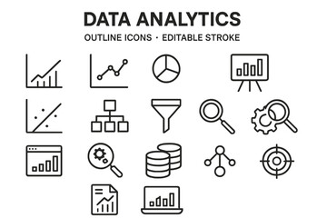 Aufkleber - data analytics vector icon set featuring various outline icons representing analysis tools and metri