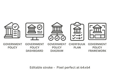 Poster - Vector icon set depicting government policy concepts with dashboard, diagram, and framework illustrations for clear communication