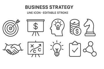 Poster - Business strategy vector icon set featuring essential concepts for planning and execution in various business activities