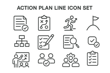Poster - Vector icon set illustrating action plan elements with various symbols for organization and strategy