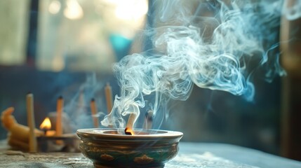 Poster - Smoke drifting upwards from burning incense, creating delicate, artistic tendrils in the air.