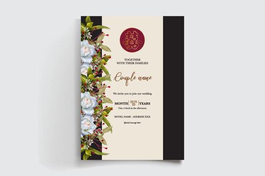 WEDDING INVITATION FRAME WITH FLOWER DECORATIONS AND FRESH LEAVES