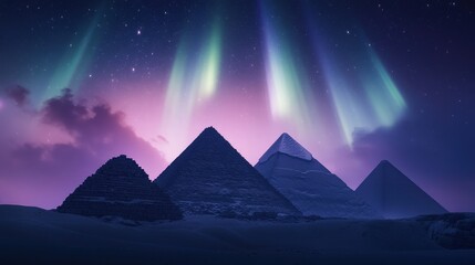 Wall Mural - the silhouette of the pyramids under an aurora-like celestial phenomenon in the egyptian night sky