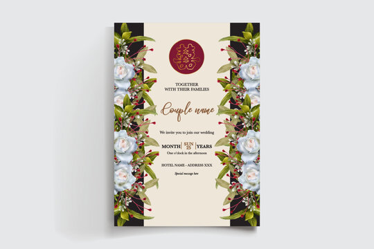 WEDDING INVITATION FRAME WITH FLOWER DECORATIONS AND FRESH LEAVES