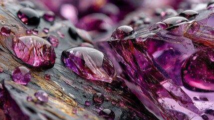 Poster - Close up of purple crystals with water droplets, showcasing textures and reflections.