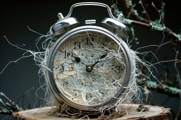 An old alarm clock covered in cobwebs and sitting on wood