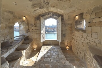 Poster - An arched stone room with window views of water and buildings