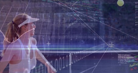 Poster - female tennis player swinging racket on court, finance tickers and binary code overlaying play