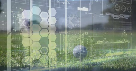 Poster - Golf ball sitting on manicured grass, showing digital sports tech HUD overlay with hex grid panels