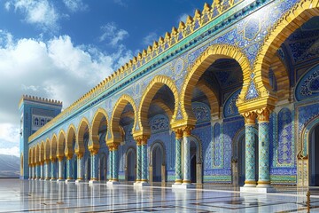 Poster - an architectural perspective showcases an ornate building with arched design details