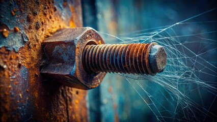 Rusty Bolt and Spiderweb A Close-Up Study of Decay and Nature's Intertwining