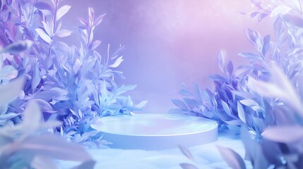 Poster - 幻想的な植物と輝くライトを備えた青と紫の背景に配置された円形のプラットフォーム