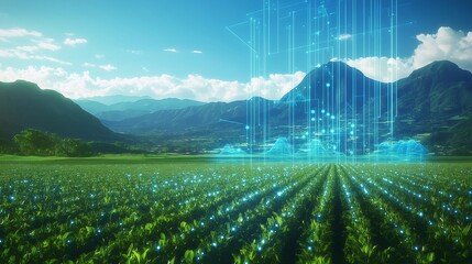 Poster - デジタルデータが降り注ぐ緑豊かな畑と山々の風景 青い光が未来を象徴する自然とテクノロジーの融合