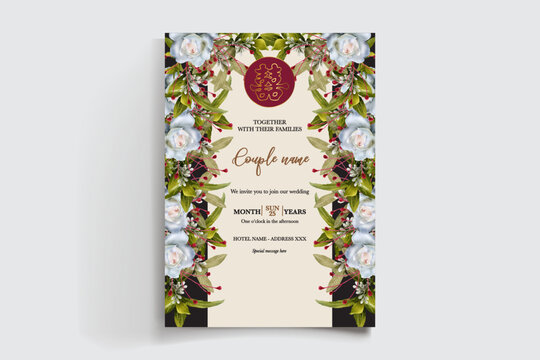 WEDDING INVITATION FRAME WITH FLOWER DECORATIONS AND FRESH LEAVES
