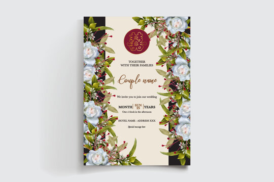 WEDDING INVITATION FRAME WITH FLOWER DECORATIONS AND FRESH LEAVES