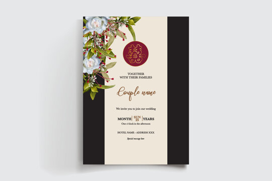 WEDDING INVITATION FRAME WITH FLOWER DECORATIONS AND FRESH LEAVES