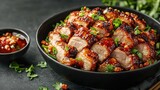 Flavorful bowl of peking-style crispy pork in rich sauce ready to be served with fresh ingredients for a delicious meal