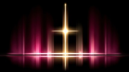 Poster - glowing gold cross with pink and purple light streaks reflecting on dark surface.