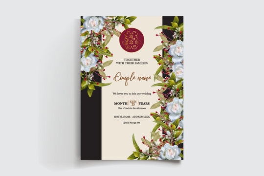 WEDDING INVITATION FRAME WITH FLOWER DECORATIONS AND FRESH LEAVES