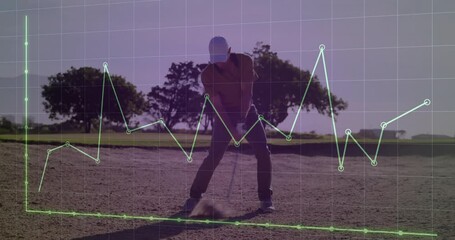 Poster - Mature male golfer swinging from sand bunker, showing golf analytics with neon-green graph overlay