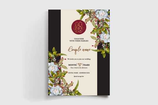 WEDDING INVITATION FRAME WITH FLOWER DECORATIONS AND FRESH LEAVES