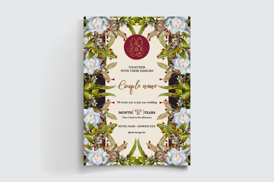 WEDDING INVITATION FRAME WITH FLOWER DECORATIONS AND FRESH LEAVES