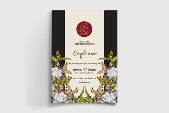 WEDDING INVITATION FRAME WITH FLOWER DECORATIONS AND FRESH LEAVES