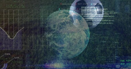 Poster - soccer ball orbiting globe over field fusing sports tech code overlays, line chart and stock data
