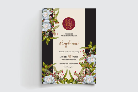 WEDDING INVITATION FRAME WITH FLOWER DECORATIONS AND FRESH LEAVES
