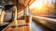 © VisualVault - A warm beverage in a disposable cup sits on a wooden table beside a train window, sunlight streaming in, illuminating the interior and the passing landscape