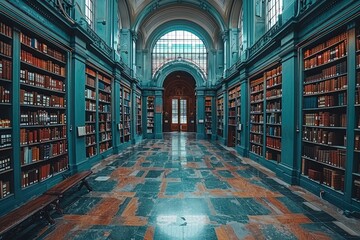 Poster - An elegant library interior with many rows of books and arches