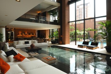 Poster - an elegant modern living room with an indoor water feature