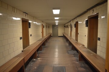 Poster - An empty and tiled hallway with benches and doors