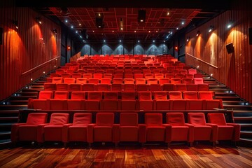 Poster - an empty auditorium shows red seats and wooden interior detail
