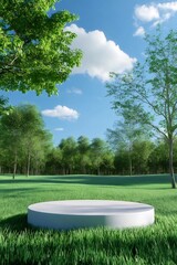 Poster - 緑豊かな公園の草地に配置された円形プラットフォーム 青い空と白い雲 晴れた日の自然風景