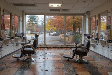 Poster - An Empty Barbershop Interior with Street View and Autumnal Foliage