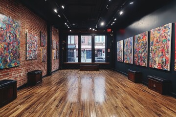 Poster - an empty art gallery displaying multiple paintings and artworks nicely