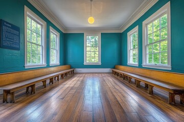 Poster - An empty room with windows and wooden benches on each side