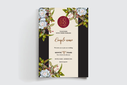 WEDDING INVITATION FRAME WITH FLOWER DECORATIONS AND FRESH LEAVES