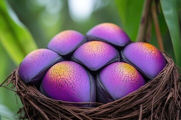 Poster - A nest containing several decorative purple and yellow spheres