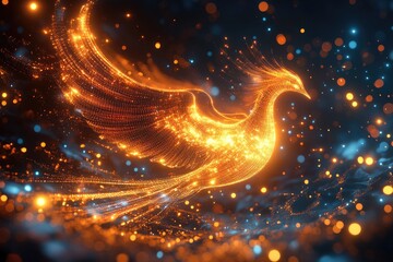 Poster - An ethereal bird constructed of light and vibrant particles is shown