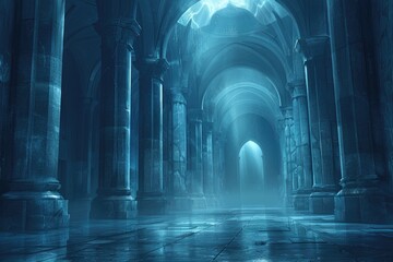 Poster - an ethereal hallway features columns in cool blue atmospheric lighting