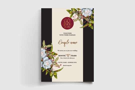WEDDING INVITATION FRAME WITH FLOWER DECORATIONS AND FRESH LEAVES